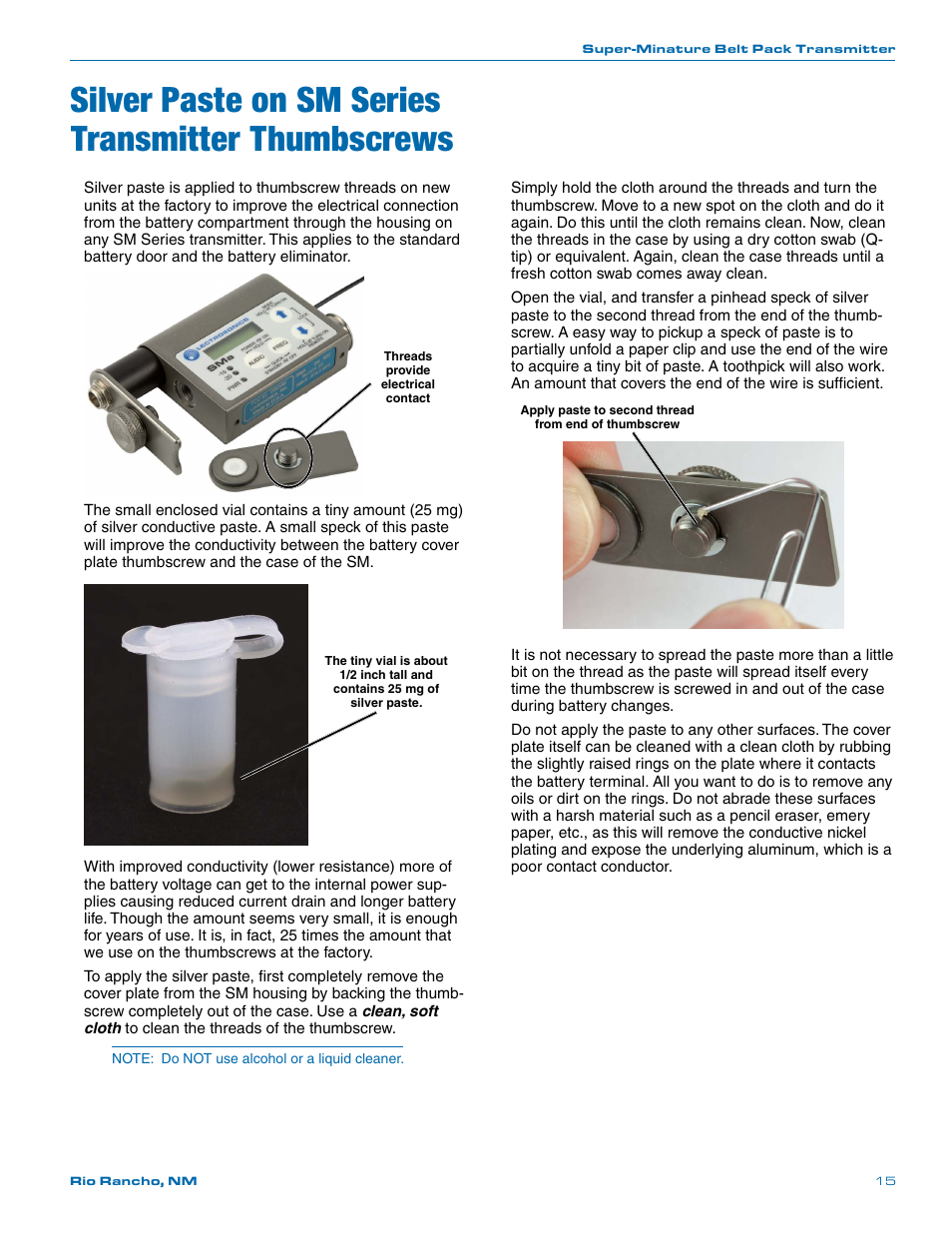 Silver paste on sm series transmitter thumbscrews | Lectrosonics SMV User Manual | Page 15 / 28