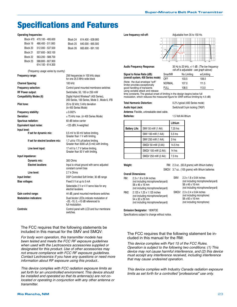 Specifications and features | Lectrosonics SMV User Manual | Page 23 / 28