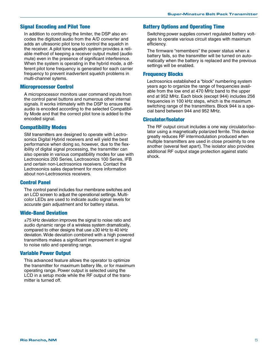 Signal encoding and pilot tone, Microprocessor control, Compatibility modes | Control panel, Wide-band deviation, Variable power output, Battery options and operating time, Frequency blocks, Circulator/isolator | Lectrosonics SMV User Manual | Page 5 / 28