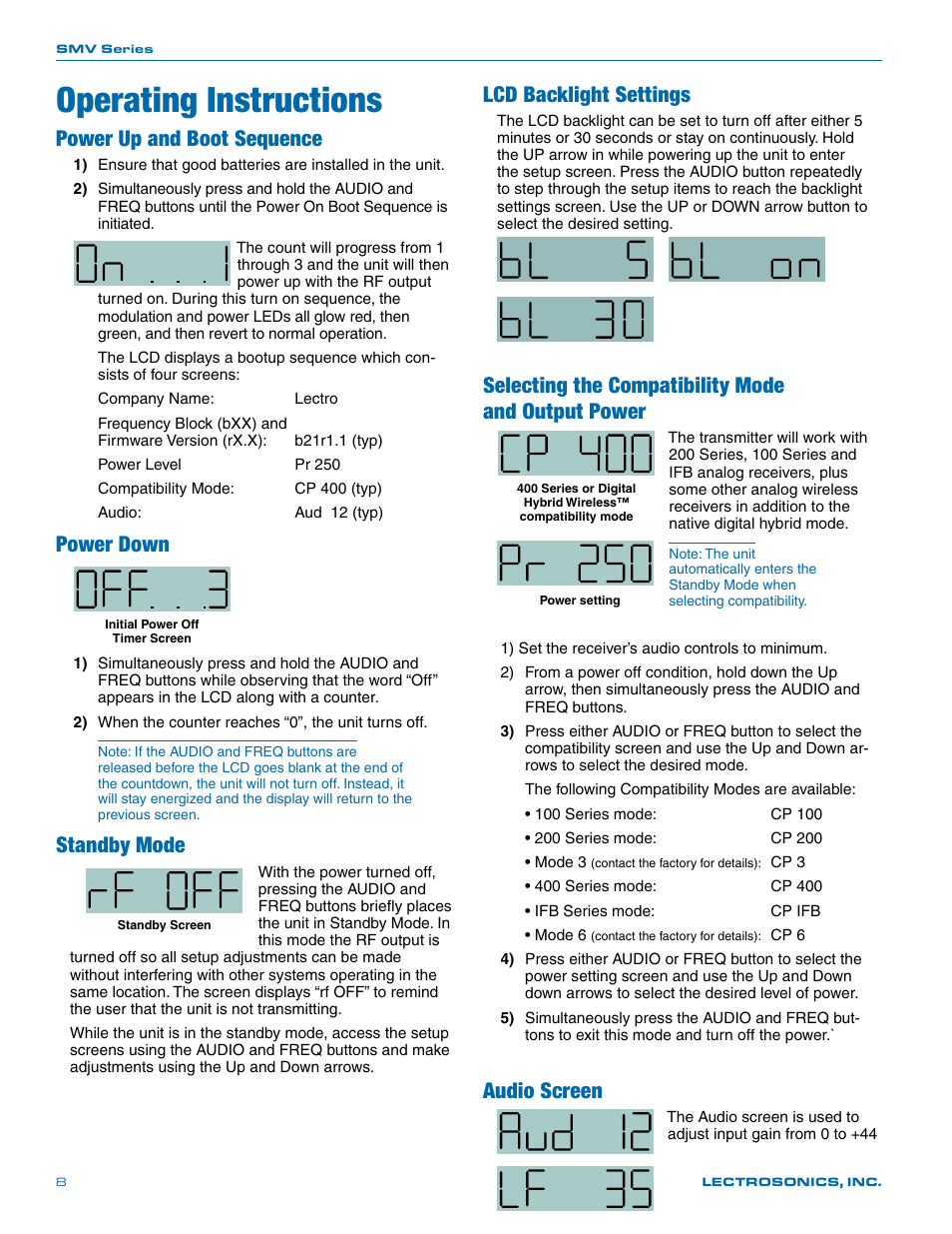 Operating instructions, Power up and boot sequence, Power down | Standby mode, Lcd backlight settings, Selecting the compatibility mode, And output power, Selecting the compatibility mode and output power, Audio screen | Lectrosonics SMV User Manual | Page 8 / 28
