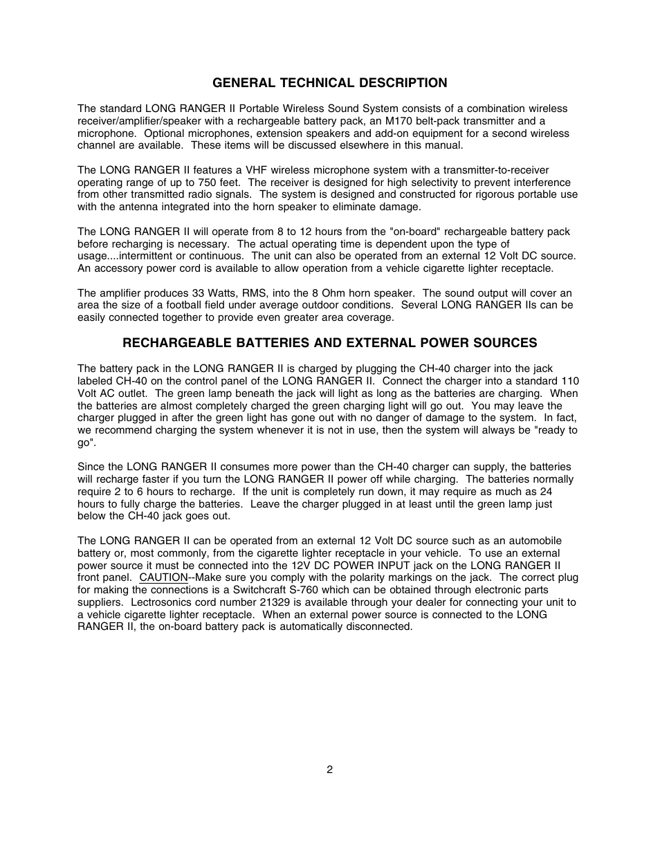 General technical description, Rechargeable batteries and external power sources | Lectrosonics Long Ranger II User Manual | Page 3 / 18