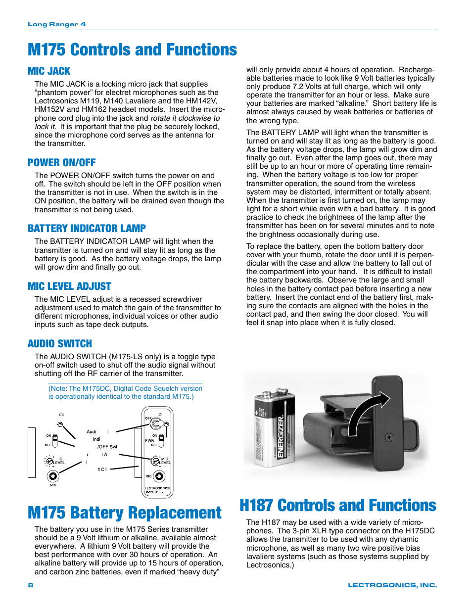 M175 controls and functions, Mic jack, Power on/off | Battery indicator lamp, Mic level adjust, Audio switch, M175 battery replacement, H187 controls and functions | Lectrosonics Long Ranger IV User Manual | Page 8 / 20