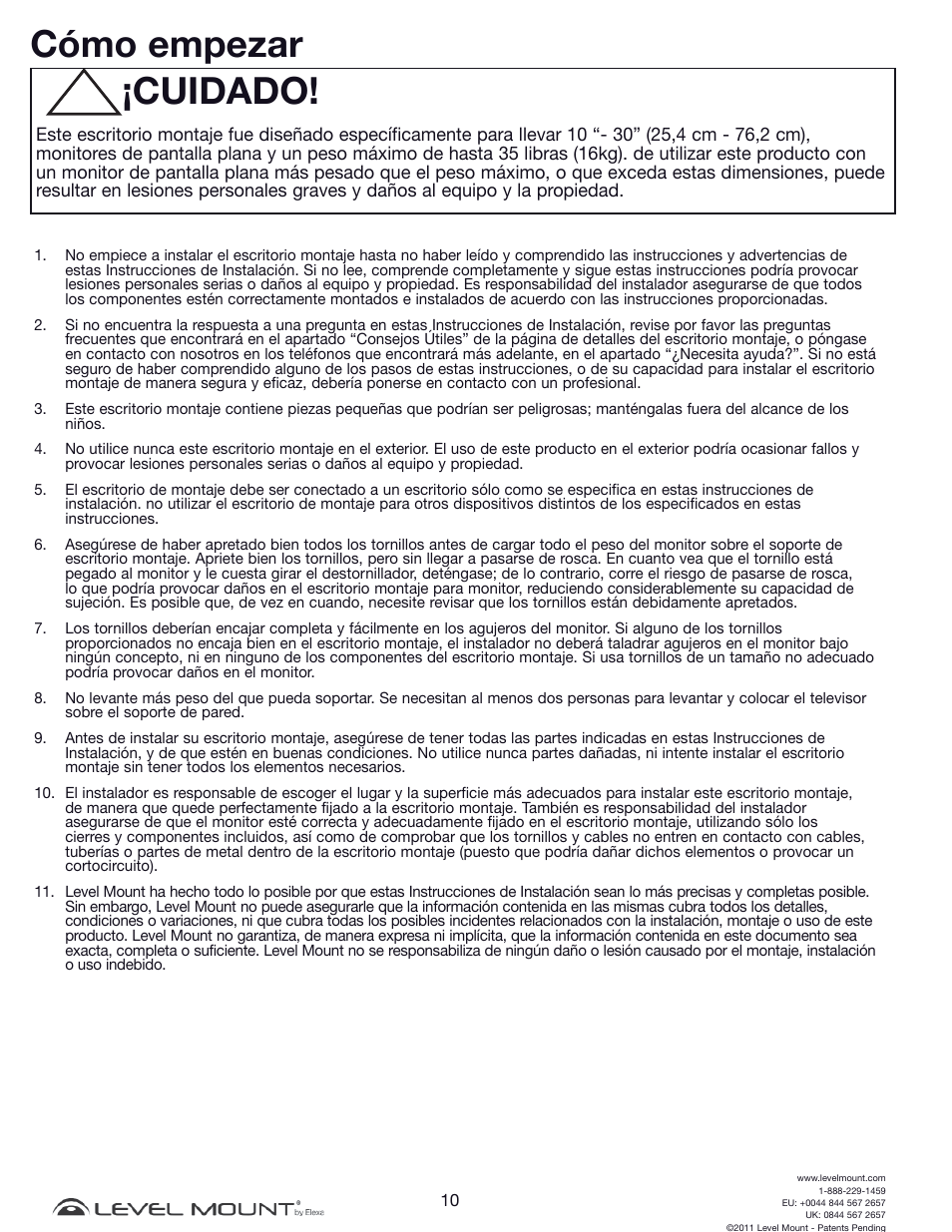 Cómo empezar, Cuidado | Level Mount DCDSK30SJ User Manual | Page 10 / 29