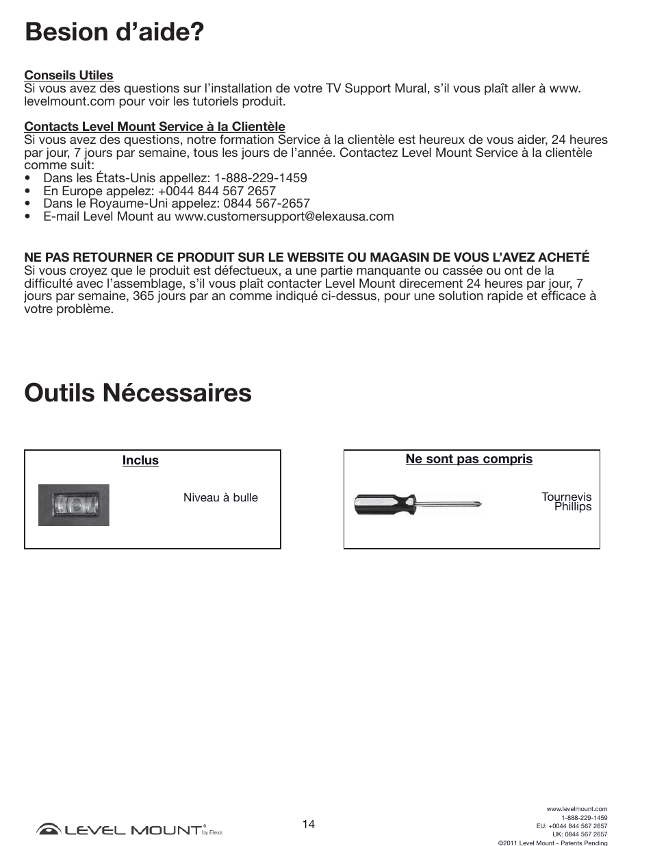 Besion d’aide, Outils nécessaires | Level Mount DCDSK30SJ User Manual | Page 14 / 29