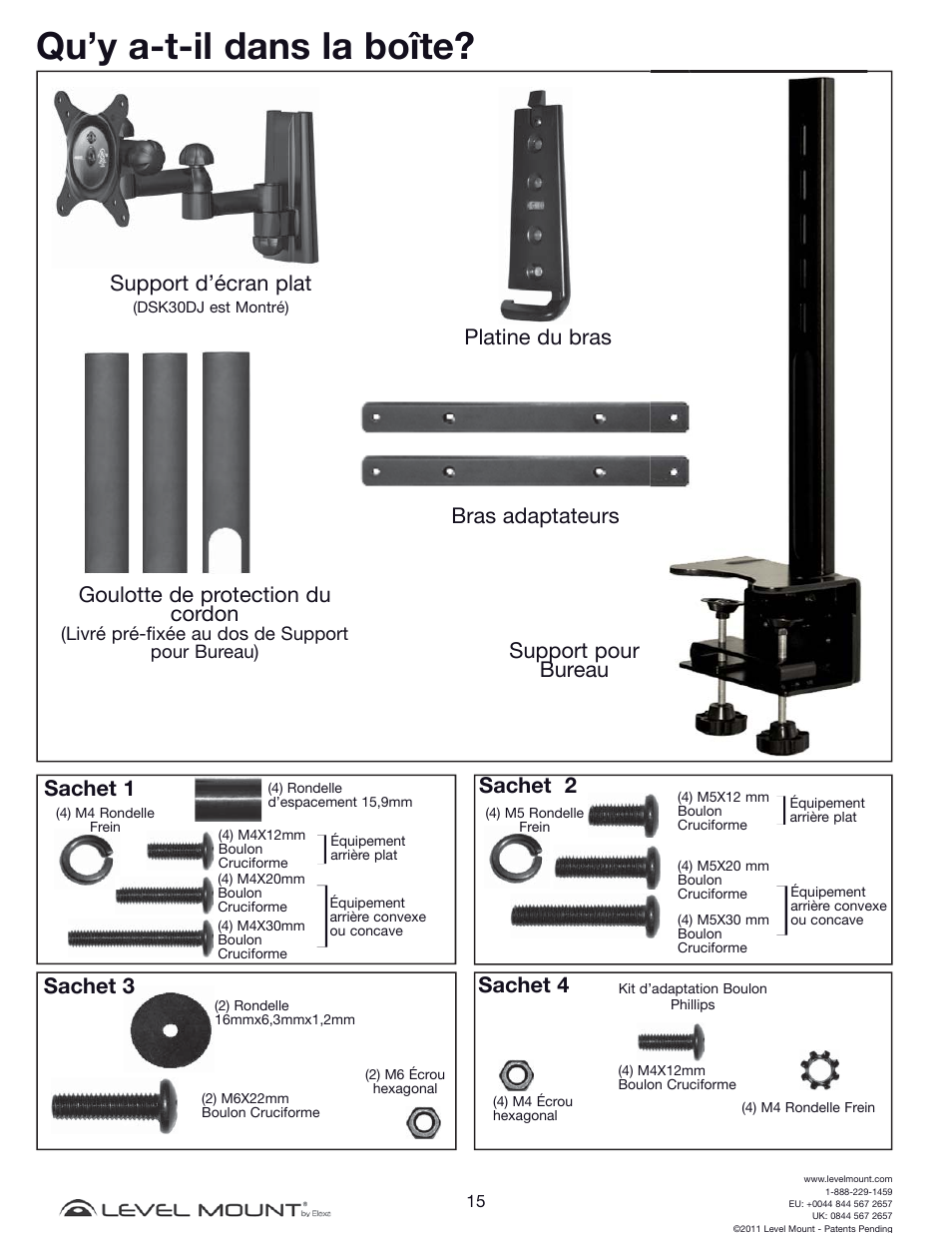 Qu’y a-t-il dans la boîte, Support d’écran plat, Sachet 1 | Sachet 2, Sachet 3, Sachet 4 | Level Mount DCDSK30SJ User Manual | Page 15 / 29