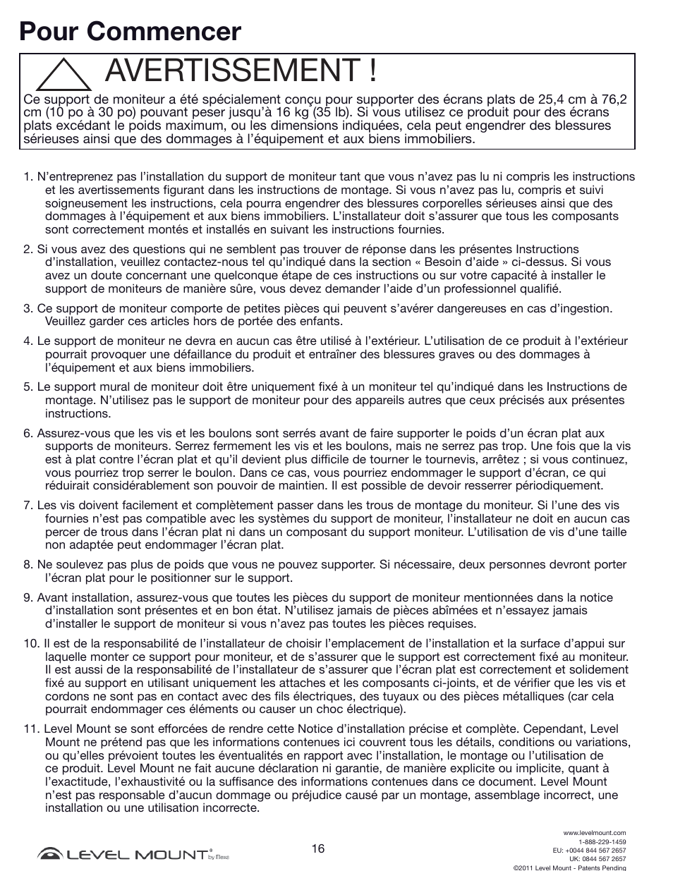 Avertissement, Pour commencer | Level Mount DCDSK30SJ User Manual | Page 16 / 29