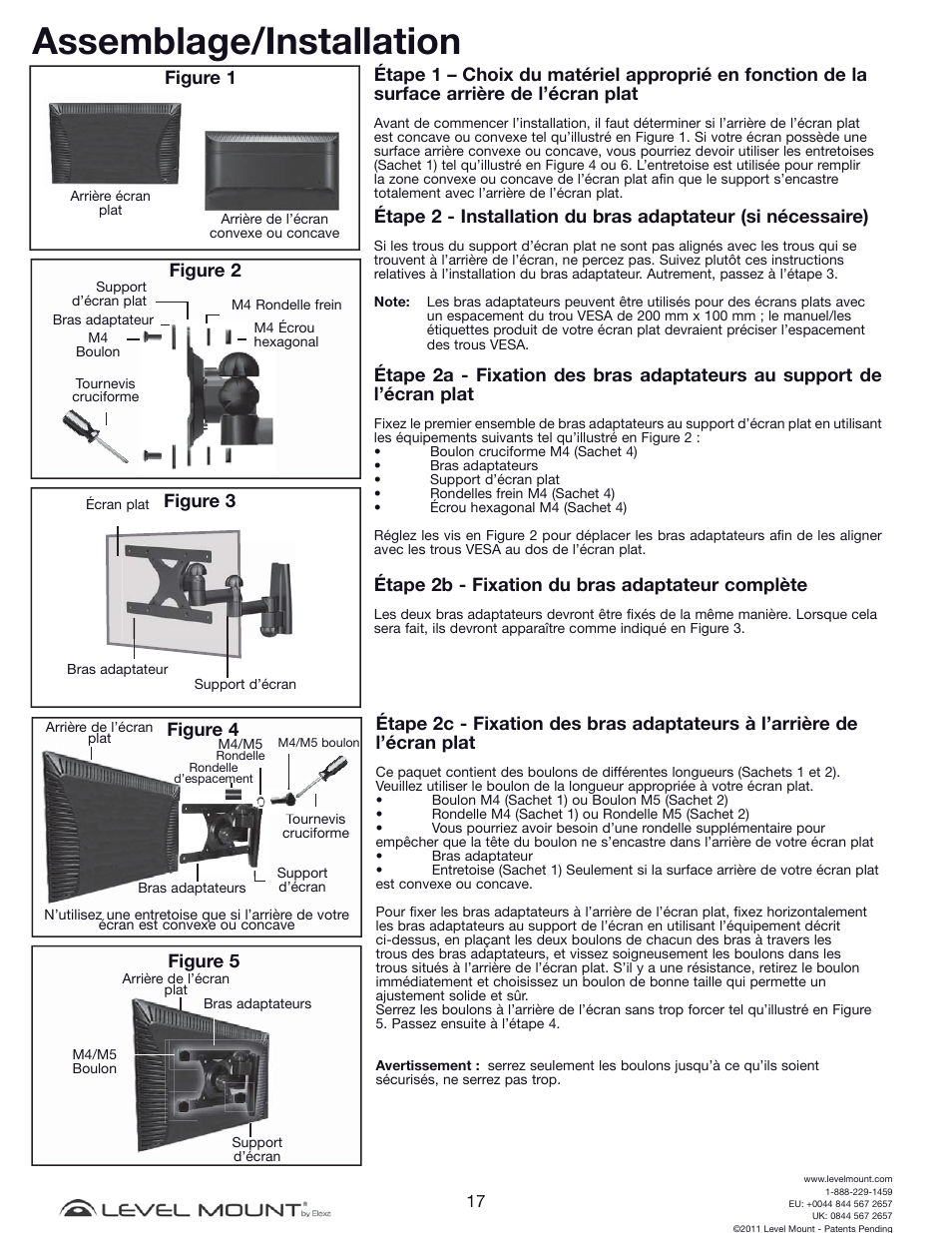 Assemblage/installation, Figure 1, Étape 2b - fixation du bras adaptateur complète | Figure 2, Figure 3, Figure 4, Figure 5 | Level Mount DCDSK30SJ User Manual | Page 17 / 29