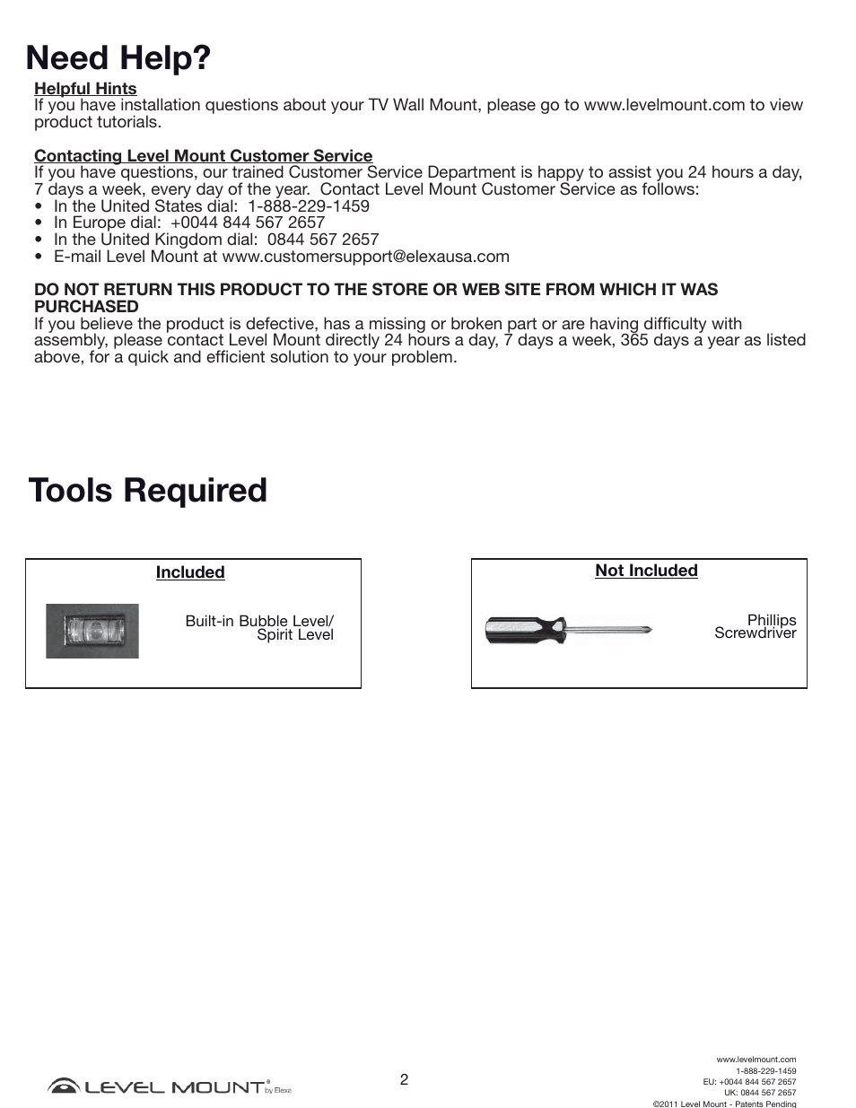 Need help, Tools required | Level Mount DCDSK30SJ User Manual | Page 2 / 29