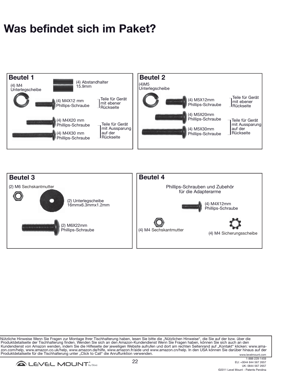 Was befindet sich im paket, Beutel 4 beutel 3, Beutel 2 | Beutel 1 | Level Mount DCDSK30SJ User Manual | Page 22 / 29