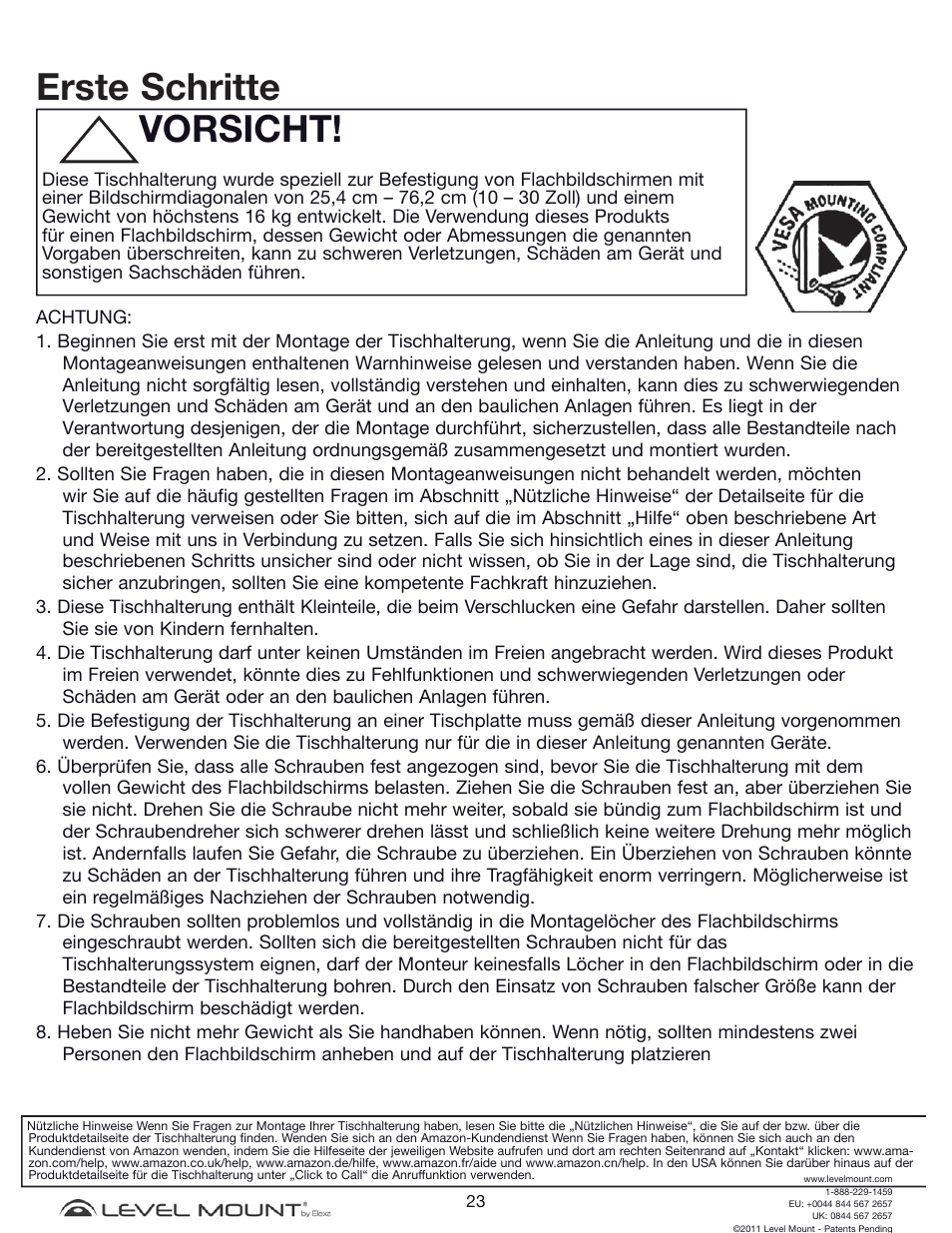Erste schritte vorsicht | Level Mount DCDSK30SJ User Manual | Page 23 / 29
