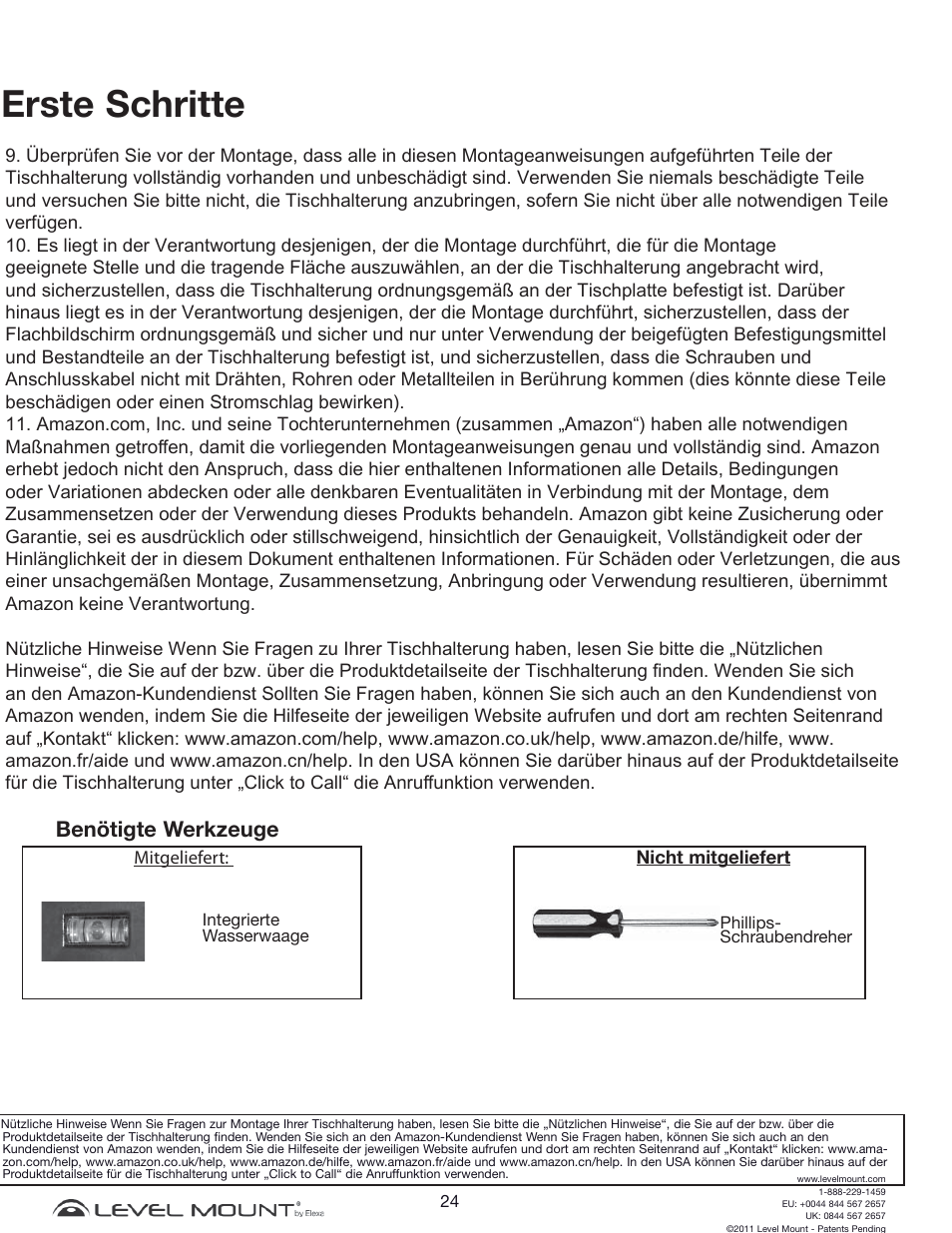 Erste schritte, Benötigte werkzeuge | Level Mount DCDSK30SJ User Manual | Page 24 / 29