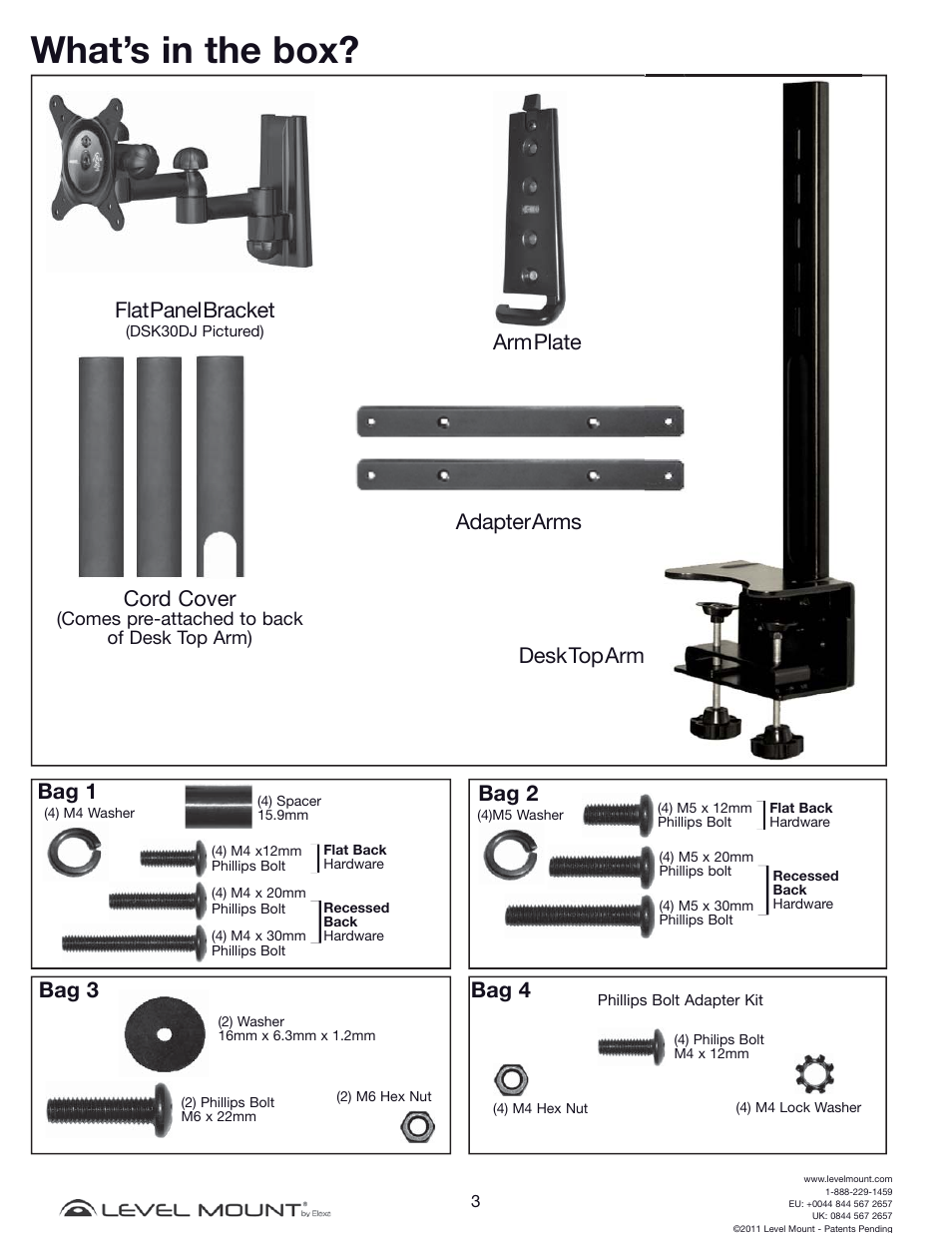 What’s in the box, Arm plate desk top arm adapter arms cord cover, Flat panel bracket | Bag 3, Bag 2, Bag 1, Bag 4 | Level Mount DCDSK30SJ User Manual | Page 3 / 29