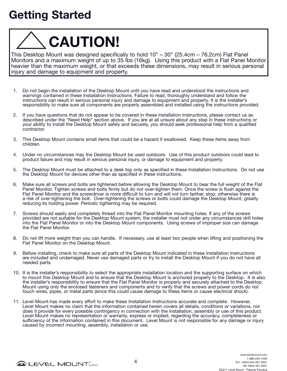 Caution, Getting started | Level Mount DCDSK30SJ User Manual | Page 4 / 29