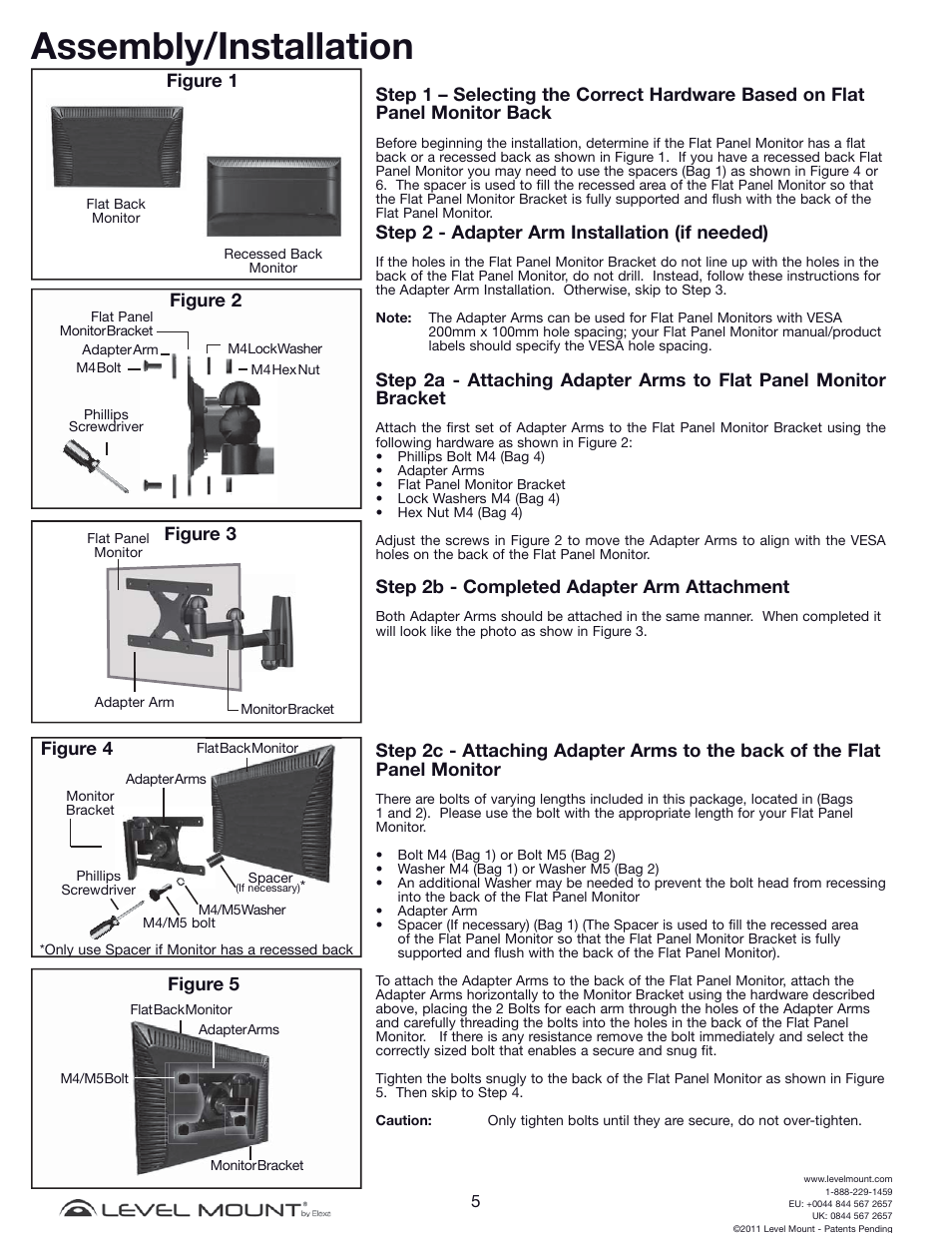 Assembly/installation, Figure 1, Step 2 - adapter arm installation (if needed) | Step 2b - completed adapter arm attachment, Figure 2, Figure 5, Figure 4, Figure 3 | Level Mount DCDSK30SJ User Manual | Page 5 / 29