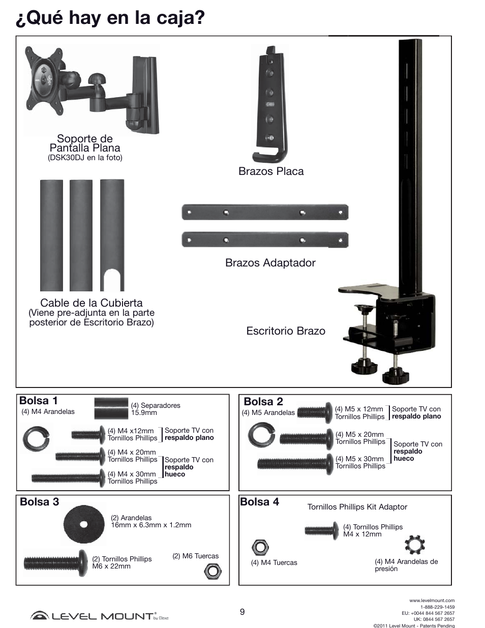 Qué hay en la caja, Soporte de pantalla plana, Bolsa 3 | Bolsa 2, Bolsa 1, Bolsa 4 | Level Mount DCDSK30SJ User Manual | Page 9 / 29
