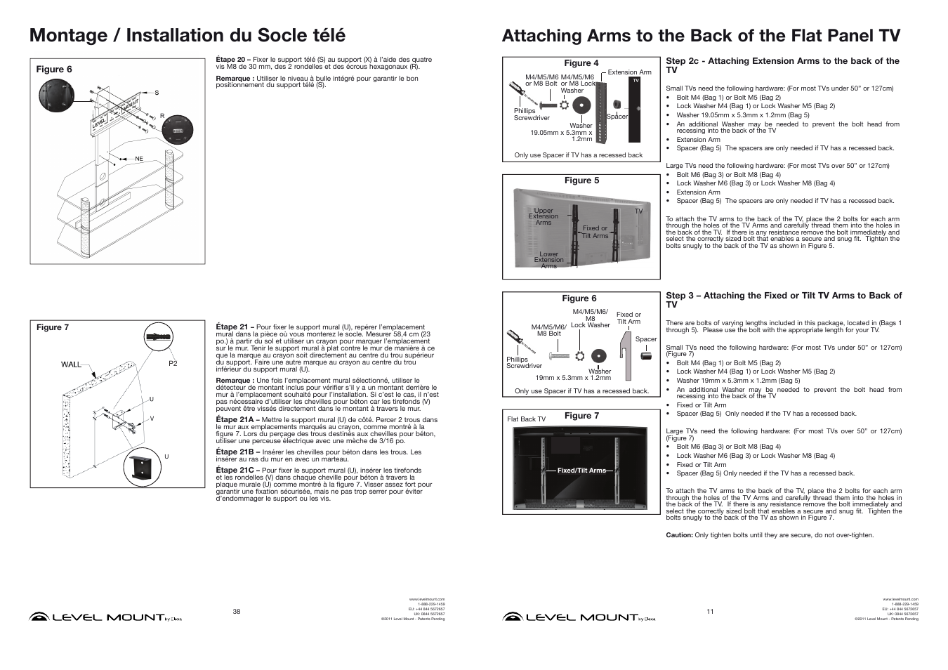 Montage / installation du socle télé, Attaching arms to the back of the flat panel tv | Level Mount ELTVS60 User Manual | Page 11 / 24
