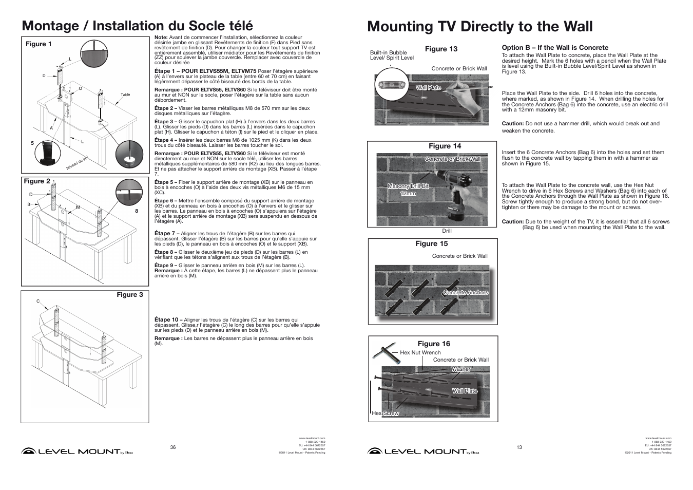 Mounting tv directly to the wall, Montage / installation du socle télé | Level Mount ELTVS60 User Manual | Page 13 / 24