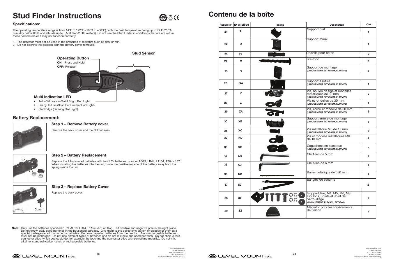 Stud finder instructions, Contenu de la boîte, Battery replacement | Level Mount ELTVS60 User Manual | Page 16 / 24