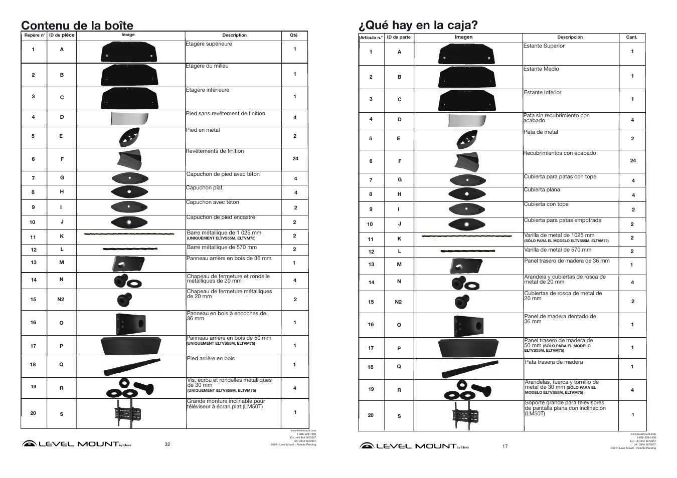 Contenu de la boîte, Qué hay en la caja | Level Mount ELTVS60 User Manual | Page 17 / 24