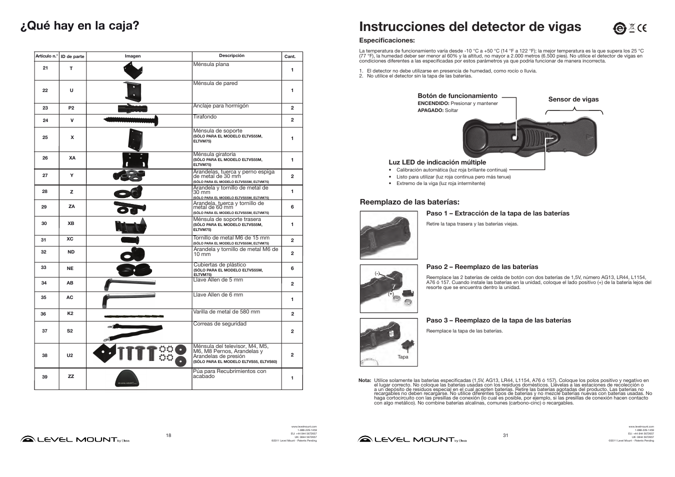 Instrucciones del detector de vigas, Qué hay en la caja, Reemplazo de las baterías | Level Mount ELTVS60 User Manual | Page 18 / 24
