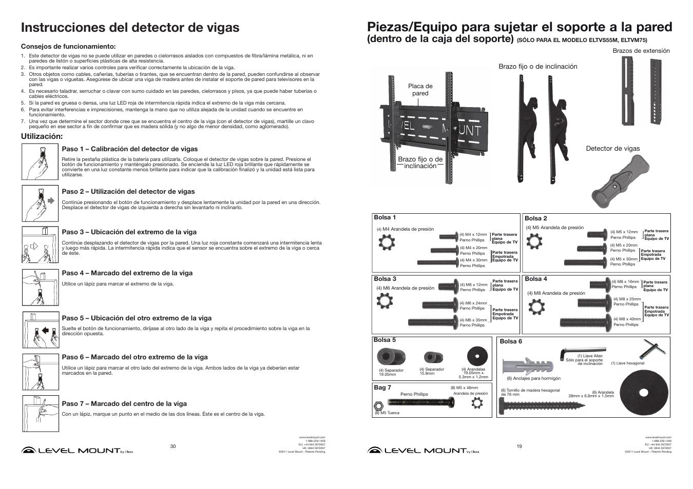 Piezas/equipo para sujetar el soporte a la pared, Instrucciones del detector de vigas, Dentro de la caja del soporte) | Utilización | Level Mount ELTVS60 User Manual | Page 19 / 24