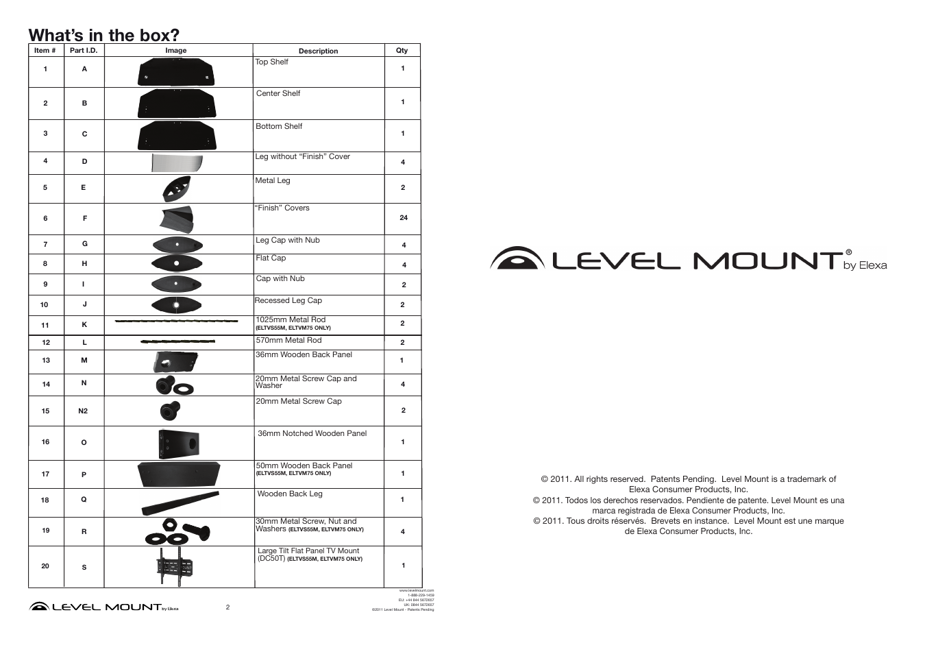 What’s in the box | Level Mount ELTVS60 User Manual | Page 2 / 24