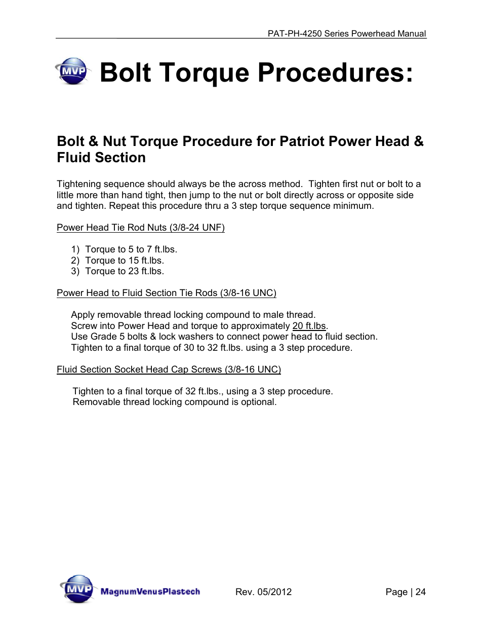 Bolt torque procedures | Magnum Venus Plastech PATRIOT 4-1_4 PAT-PH-4250 User Manual | Page 24 / 34