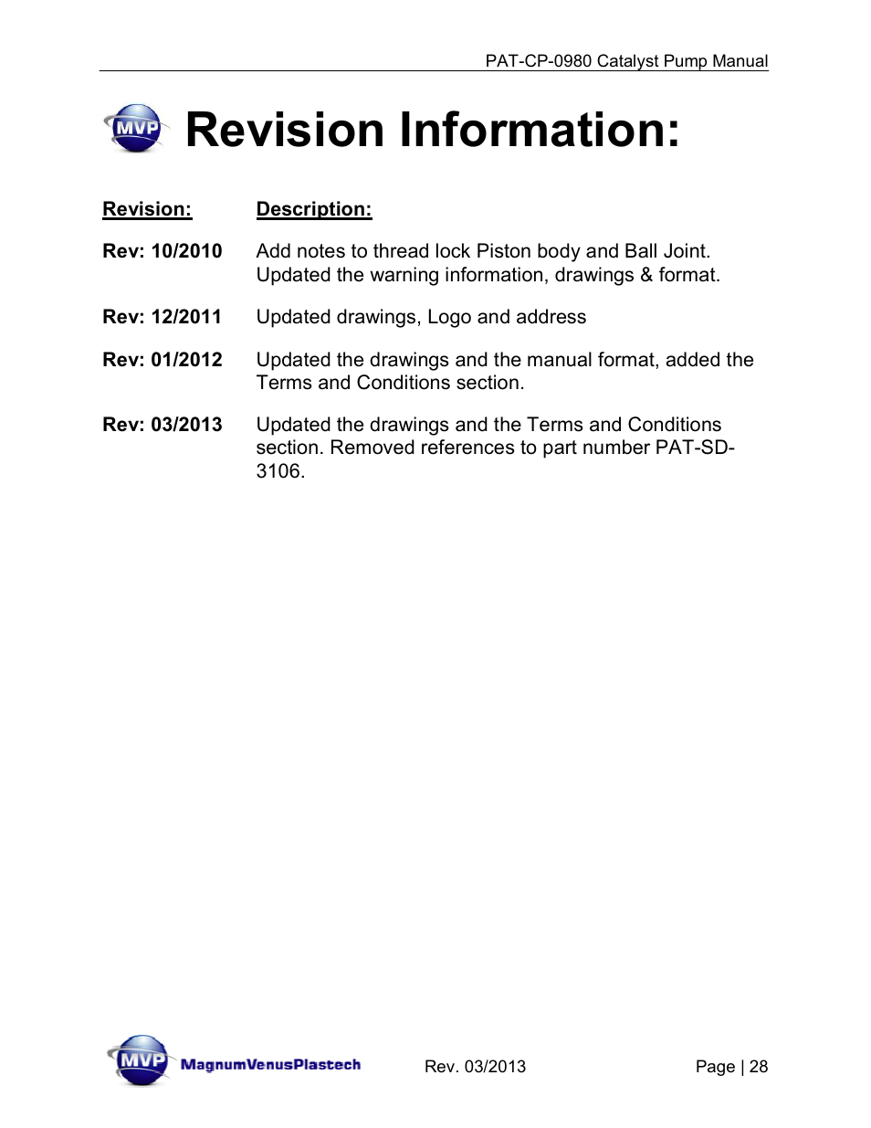 Revision information | Magnum Venus Plastech PATRIOT PAT-CP-0980-S User Manual | Page 28 / 29