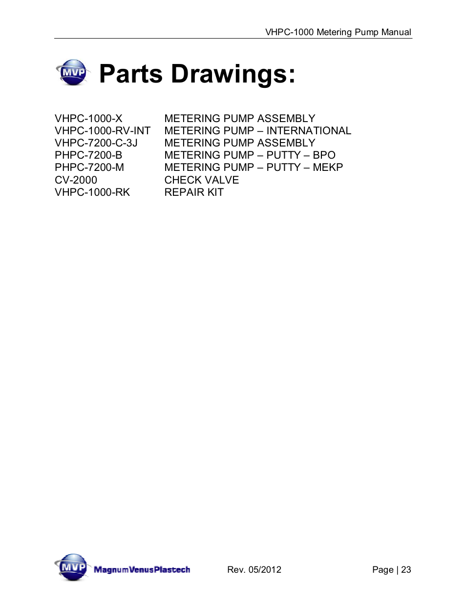 Parts drawings | Magnum Venus Plastech UltraMAX VHPC-1000 Series User Manual | Page 23 / 38