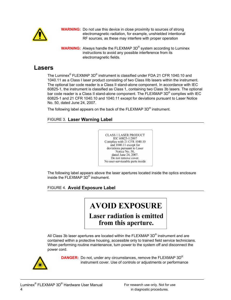 Lasers, Laser warning label, Avoid exposure label | Luminex FLEXMAP 3D User Manual User Manual | Page 14 / 86