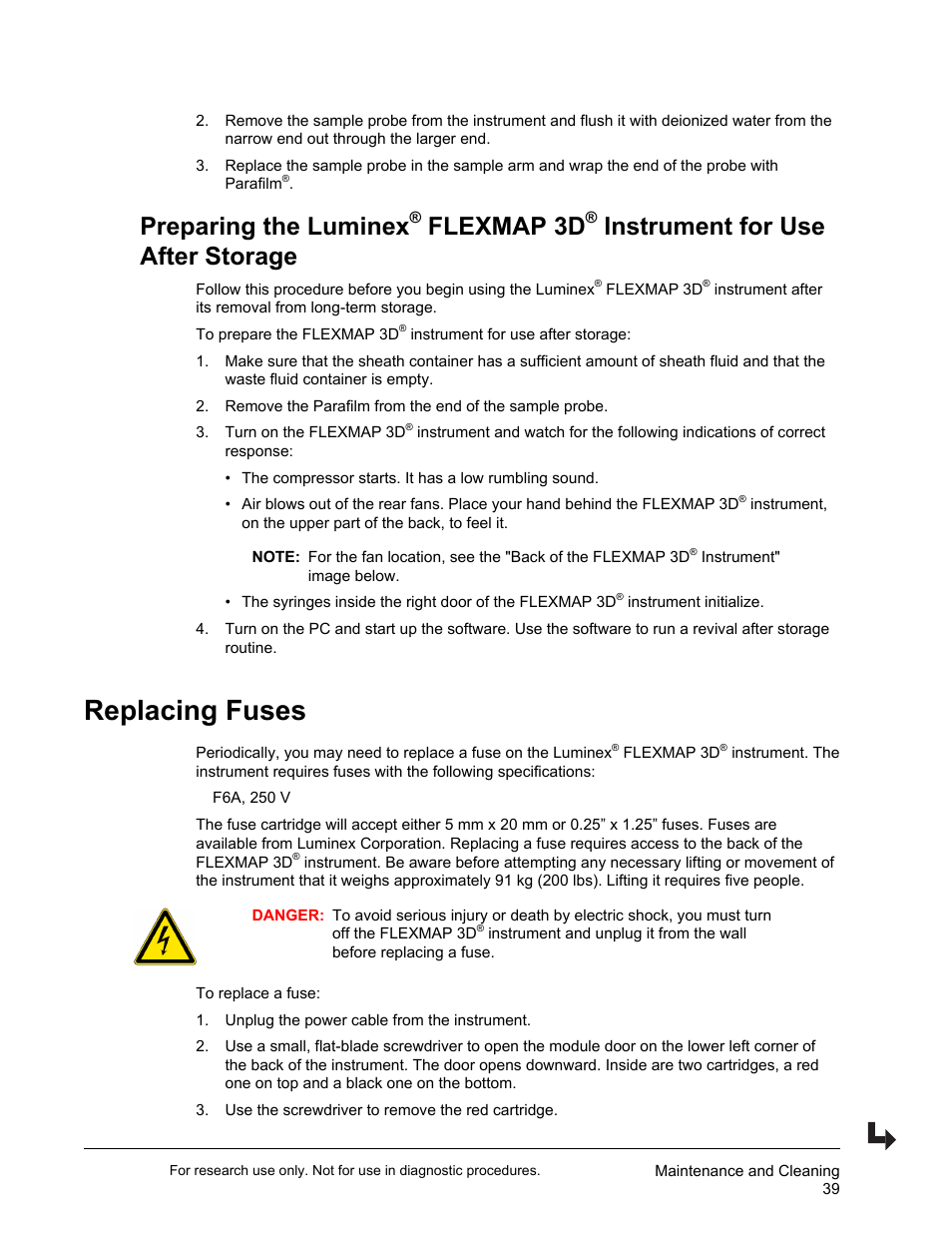 Replacing fuses, Preparing the luminex, Flexmap 3d | Instrument for use after storage | Luminex FLEXMAP 3D User Manual User Manual | Page 49 / 86