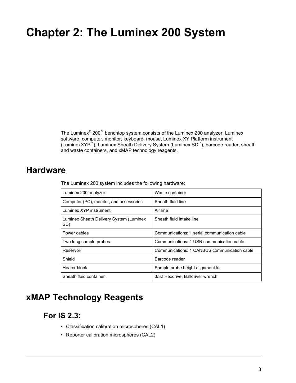 The luminex 200 system, Hardware, Xmap technology reagents | Chapter 2 the luminex 200 system, Hardware xmap technology reagents, Chapter 2: the luminex 200 system, For is 2.3 | Luminex 200 Installation Guide User Manual | Page 14 / 52