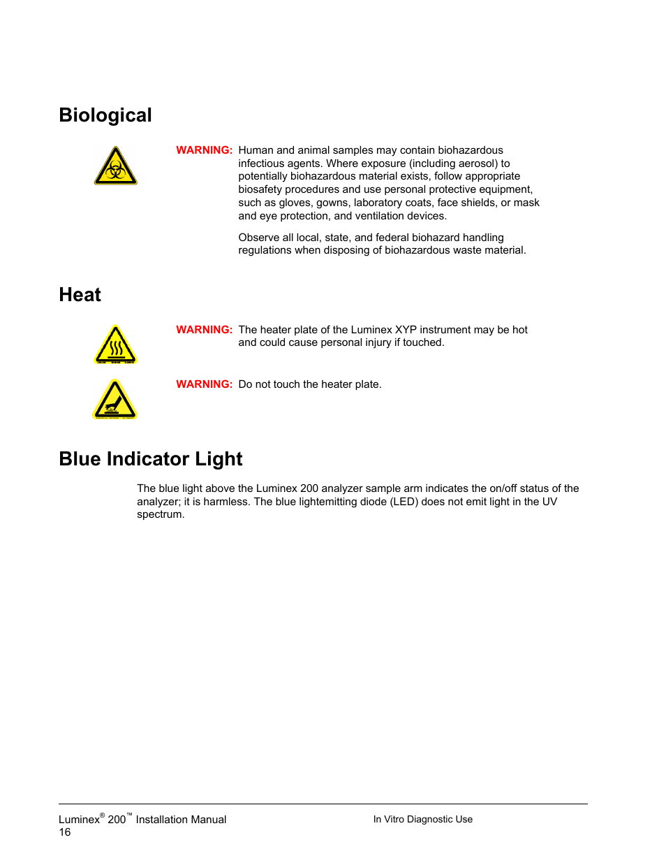 Biological, Heat, Blue indicator light | Biological heat blue indicator light | Luminex 200 Installation Guide User Manual | Page 27 / 52