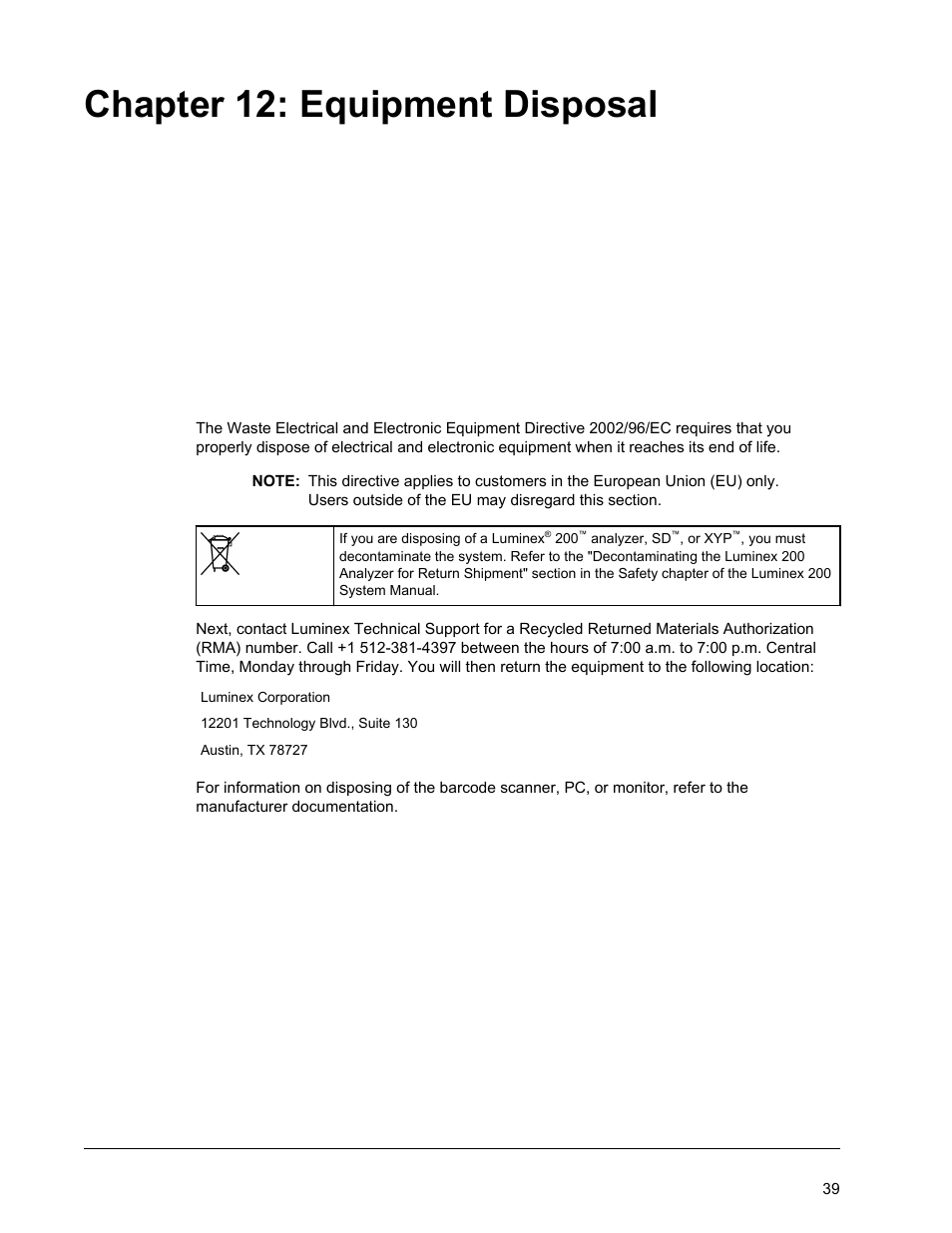 Equipment disposal, Chapter 12: equipment disposal | Luminex 200 Installation Guide User Manual | Page 50 / 52