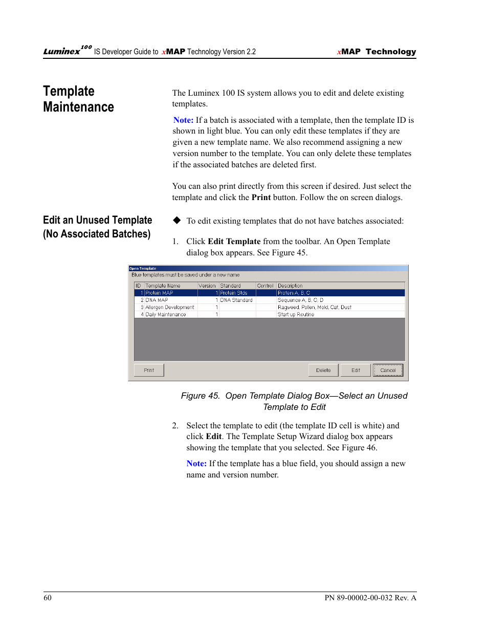 Template maintenance, Edit an unused template (no associated batches) | Luminex 100 IS Version 2.2 User Manual | Page 66 / 96