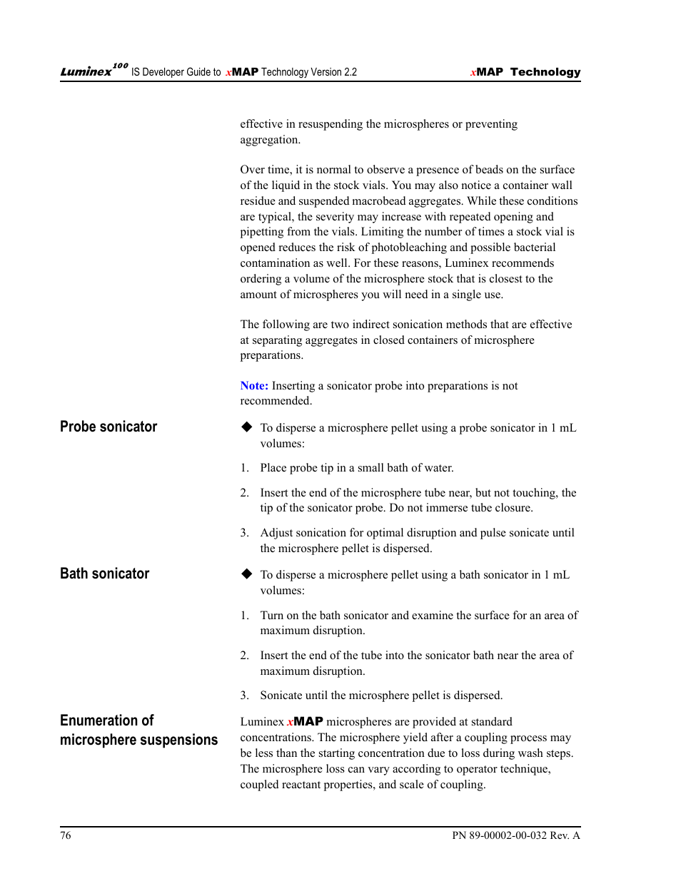 Probe sonicator, Bath sonicator, Enumeration of microsphere suspensions | Luminex 100 IS Version 2.2 User Manual | Page 82 / 96