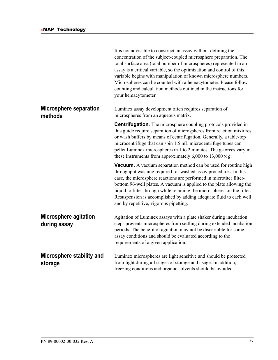 Microsphere separation methods, Microsphere agitation during assay, Microsphere stability and storage | Luminex 100 IS Version 2.2 User Manual | Page 83 / 96