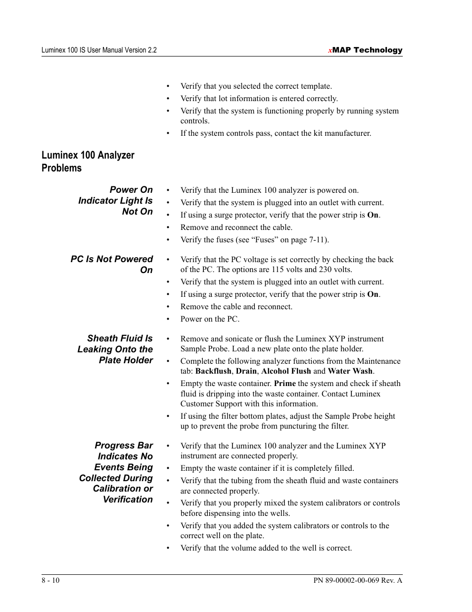 Luminex 100 analyzer problems | Luminex 100 IS Version 2.2 User Manual | Page 200 / 246