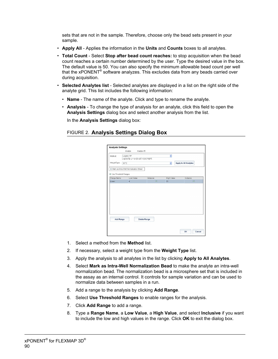 Analysis settings dialog box | Luminex xPONENT 4.2 for FLEXMAP User Manual | Page 104 / 148