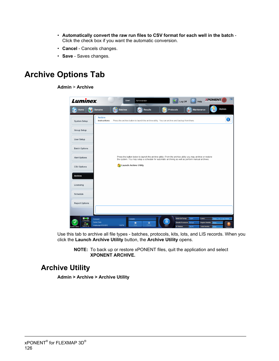 Archive options tab, Archive utility | Luminex xPONENT 4.2 for FLEXMAP User Manual | Page 140 / 148