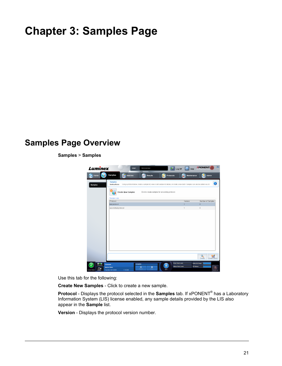 Chapter 3: samples page, Samples page overview | Luminex xPONENT 4.2 for FLEXMAP User Manual | Page 35 / 148