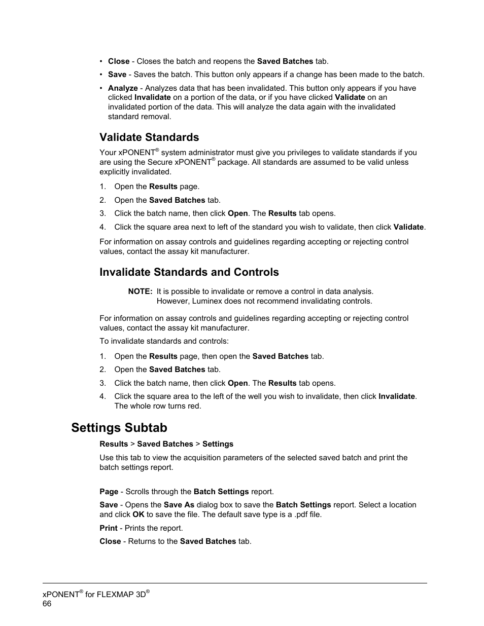 Validate standards, Invalidate standards and controls, Settings subtab | Luminex xPONENT 4.2 for FLEXMAP User Manual | Page 80 / 148