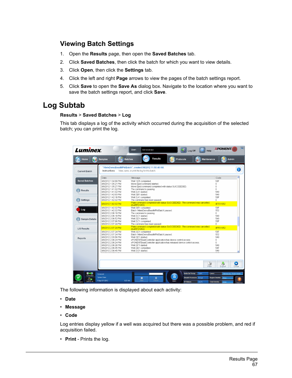 Viewing batch settings, Log subtab | Luminex xPONENT 4.2 for FLEXMAP User Manual | Page 81 / 148
