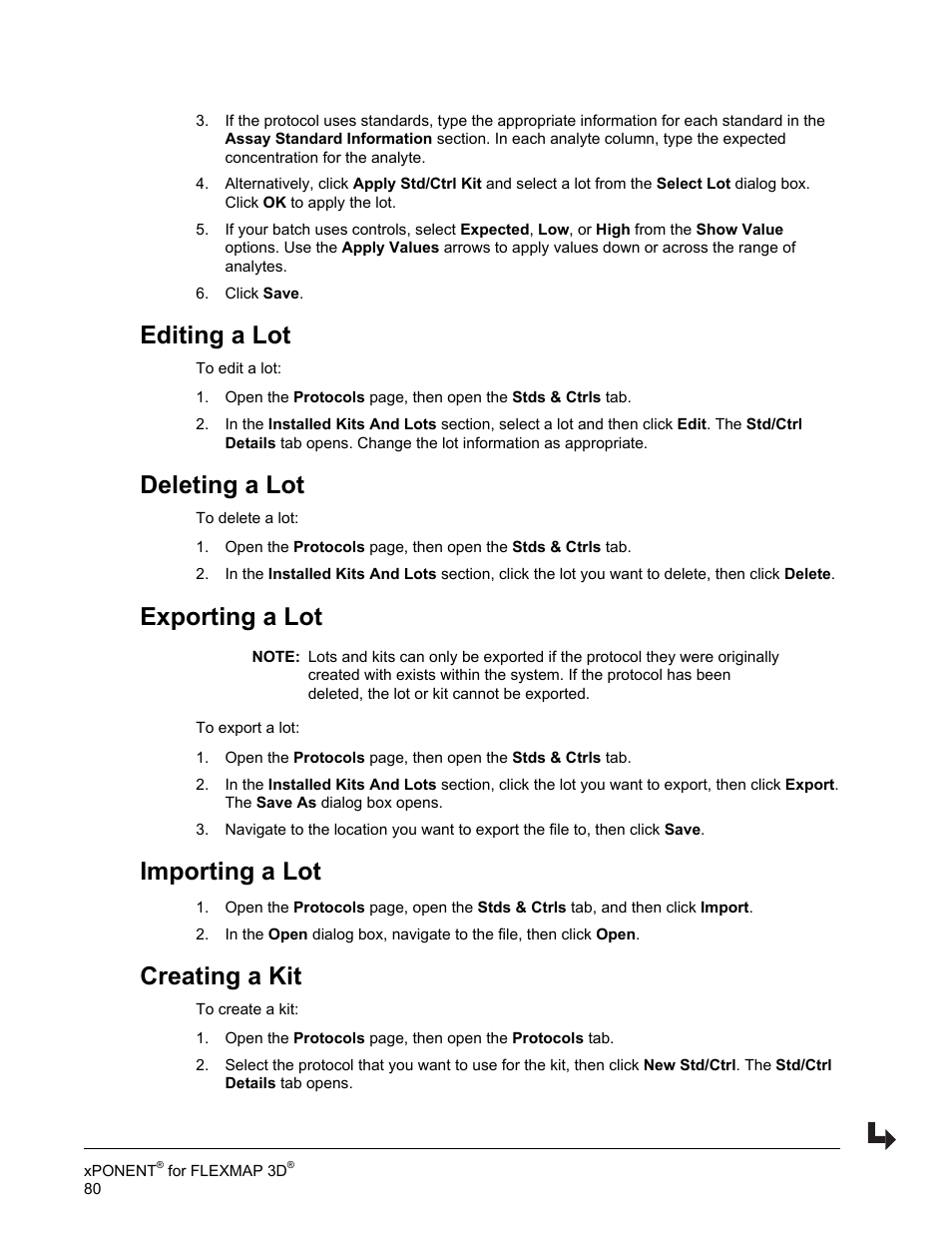 Editing a lot, Deleting a lot, Exporting a lot | Importing a lot, Creating a kit | Luminex xPONENT 4.2 for FLEXMAP User Manual | Page 94 / 148
