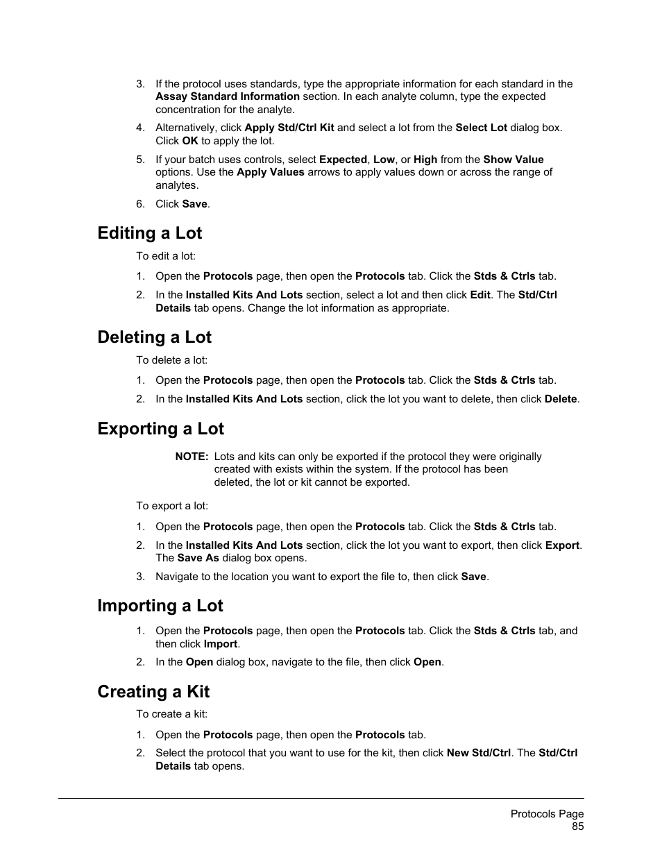 Editing a lot, Deleting a lot, Exporting a lot | Importing a lot, Creating a kit | Luminex xPONENT for MAGPIX 4.2 User Manual | Page 98 / 164