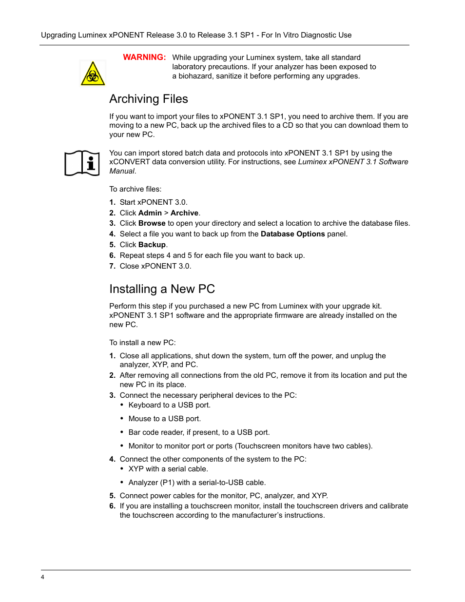 Archiving files, Installing a new pc, Archiving files installing a new pc | Luminex xPONENT 3.0 to xPONENT 3.1 Rev 2 Upgrade Instructions User Manual | Page 8 / 12