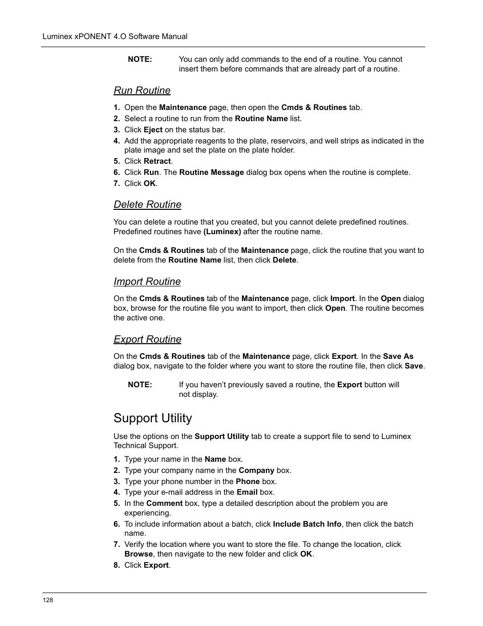 Run routine, Delete routine, Import routine | Export routine, Support utility | Luminex xPONENT 4.0 SP1 User Manual | Page 140 / 152