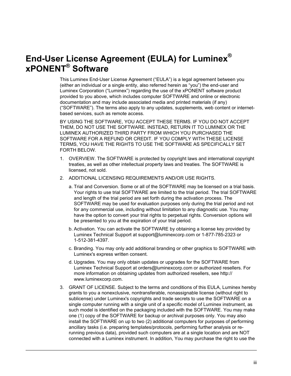 End-user license agreement (eula) for luminex, Xponent, Software | Luminex xPONENT 3.1 Rev 2 (IVD) User Manual | Page 3 / 108