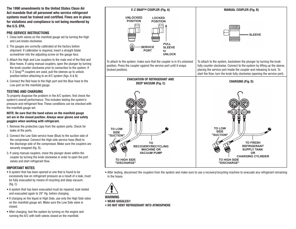 Warning, Wear safety goggles avoid contact with refrigerant | Mastercool R134a Brass 2-way Manifold User Manual | Page 2 / 2