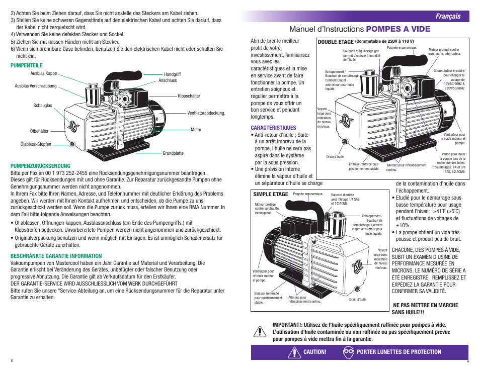 Manuel d’instructions pompes a vide, Français, Caution! porter lunettes de protection | Mastercool 90070-2V-110 10 CFM VACUUM PUMP (TWO STAGE) User Manual | Page 8 / 8